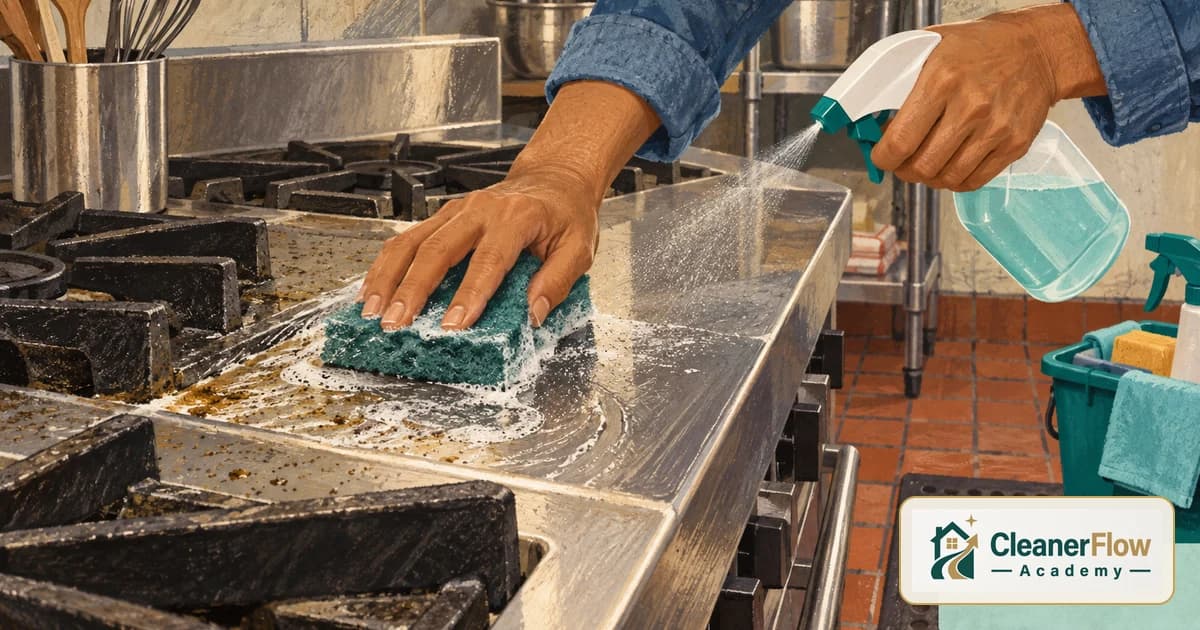 A cleaner scrubs a greasy stainless steel stovetop with a soapy sponge while spraying degreaser, a supply bucket nearby.