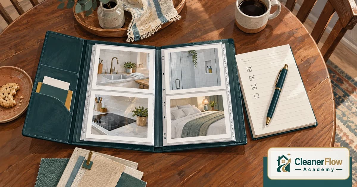A portfolio binder open on a wooden table shows photos of a clean kitchen, shower and bedroom, beside a checklist and a pen.