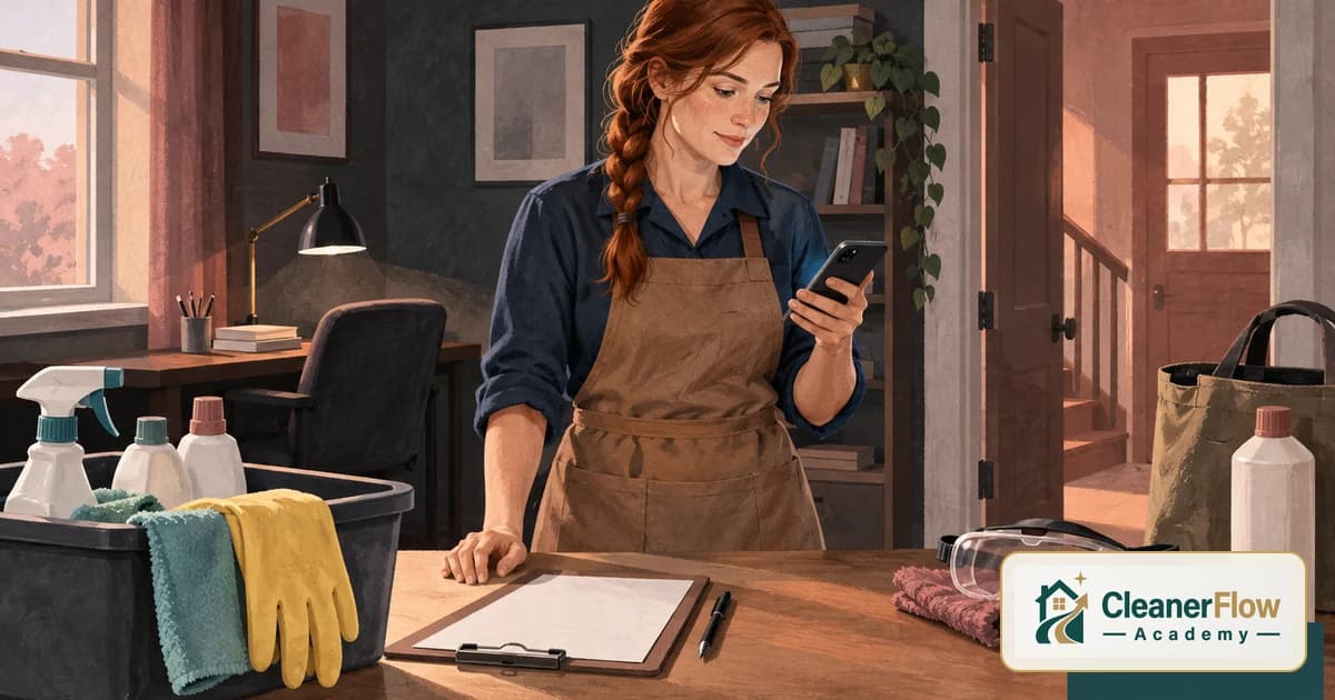 A cleaner in an apron checks a phone at a table before starting a job alone, with a clipboard, gloves and safety goggles nearby.