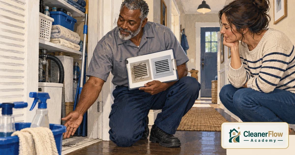 A cleaner kneels by a utility closet showing a client a clipboard with a dusty vent next to a clean one, deep cleaning versus standard.