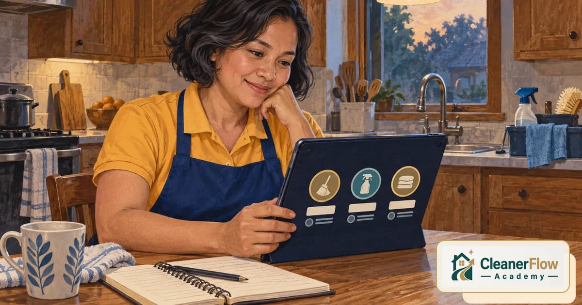 A cleaner in an apron smiles at a tablet showing skill badges for sweeping, spraying and folding towels at a kitchen table.