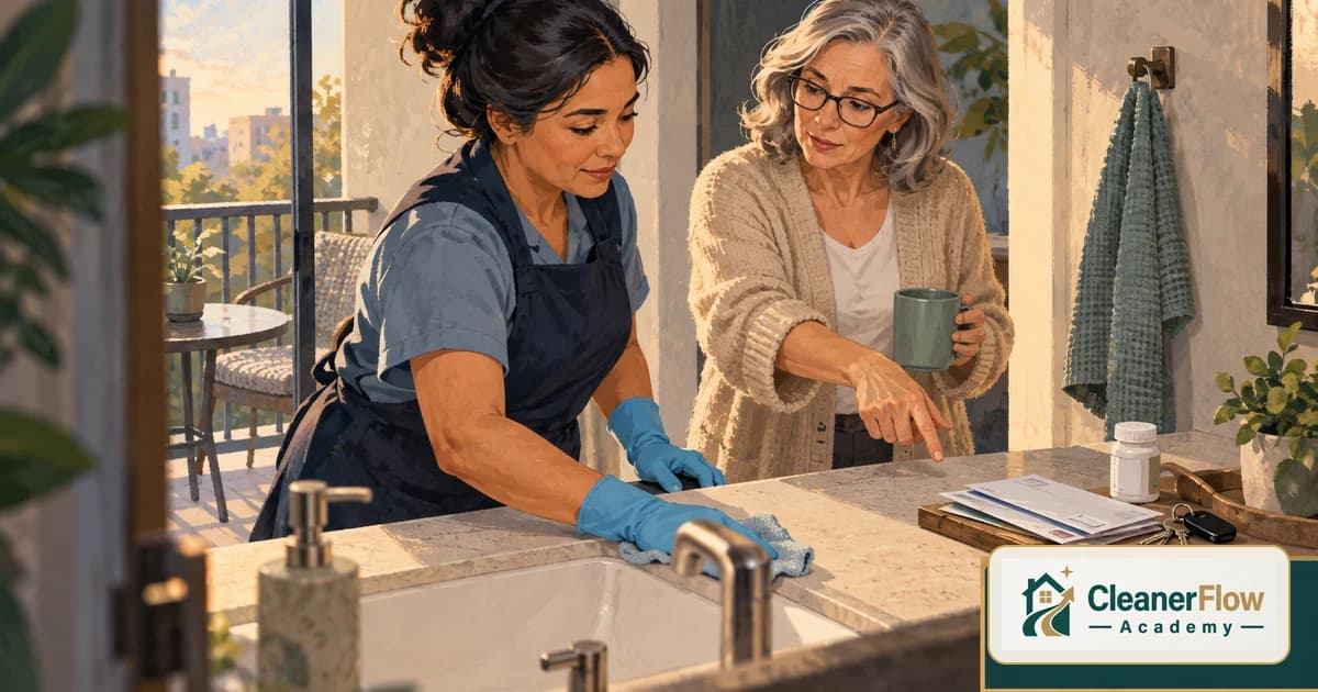 A cleaner in gloves wipes a bathroom sink as the client points to mail, keys and a pill bottle on the counter that should stay out of photos.