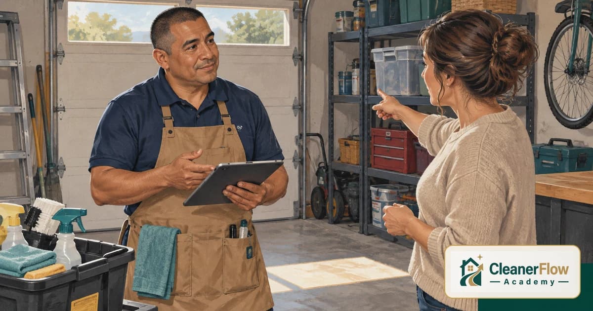A cleaner holding a tablet listens in a garage as the client points to storage shelves, asking for one more task.